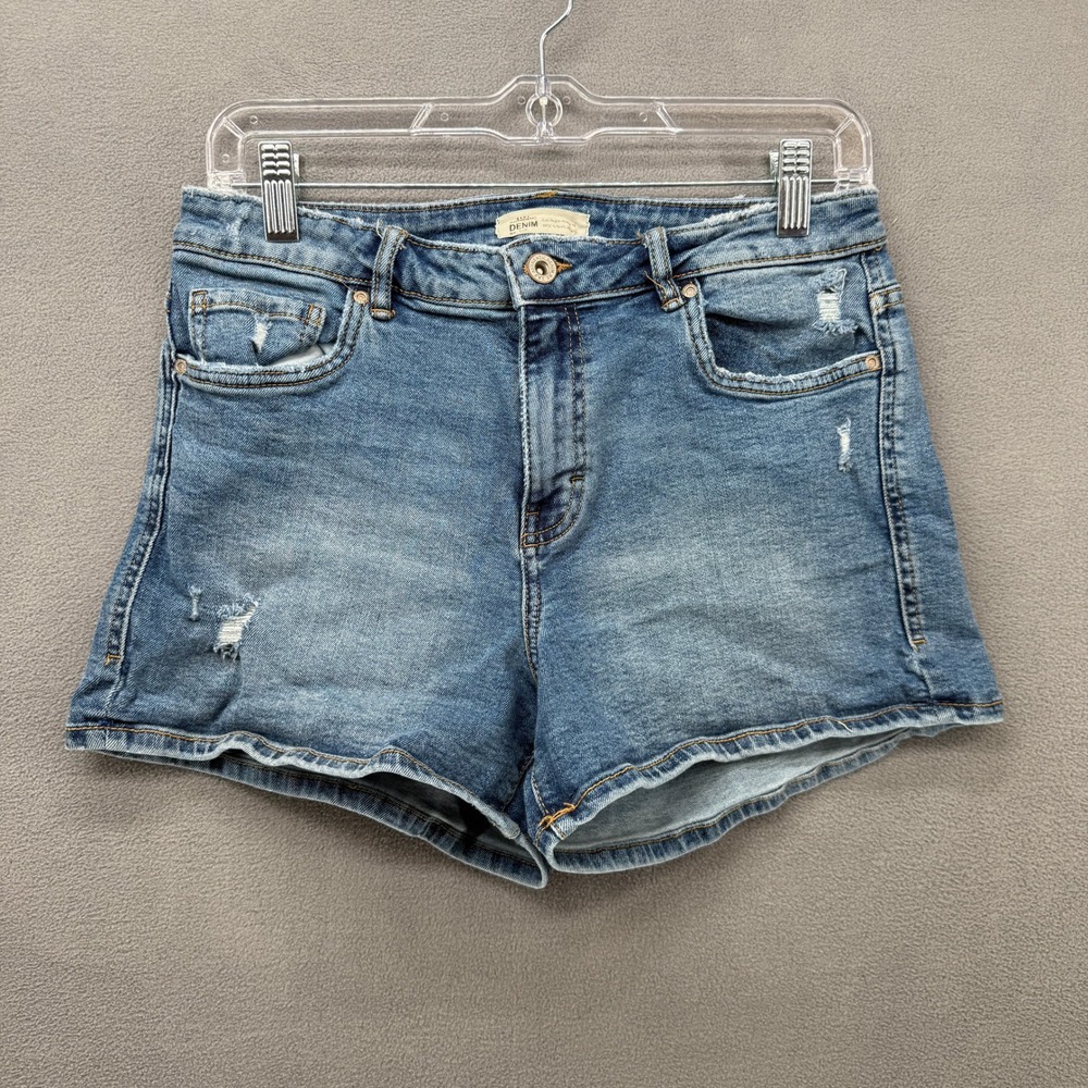 Zara Trafaluc Distressed Denim Shorts Medium Wash High Rise Cutoffs Womens 8